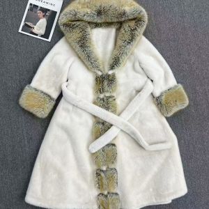 Luxury Cream Faux Fur Hooded Long Coat with Contrast Fur Trim & Belt