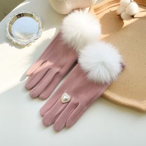 Pink Faux Fur Pompom & Decorative Heart Gloves