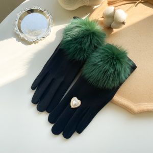 Green Faux Fur Pompom & Decorative Heart Gloves