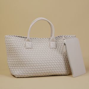 Cream Luxury Woven Tote Bag with Purse Bag
