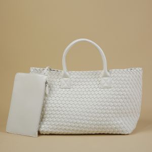 White Luxury Woven Tote Bag with Purse Bag