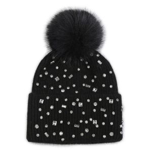 Sparkling Gem Pompom Hat in Black SD115