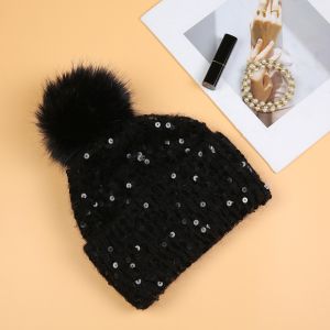 Dazzling Sequin Pompom Hat in Black