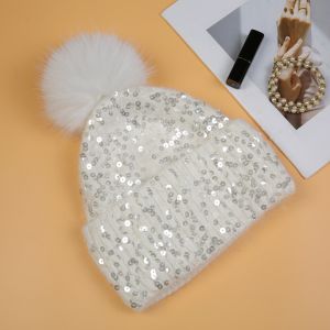 Dazzling Sequin Pompom Hat in Cream