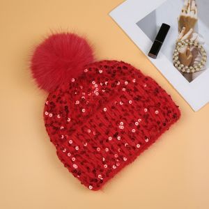 Dazzling Sequin Pompom Hat in Red