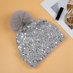 Dazzling Sequin Pompom Hat in Silver