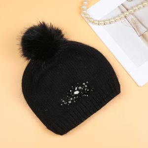 Crystals Flowers Pompom Hat in Black SD116