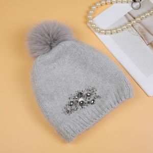 Crystals Flowers Pompom Hat in Silver SD116