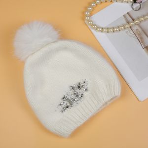 Crystals Flowers Pompom Hat in Cream SD116