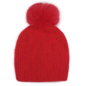 Pearls Details Knit Pompom Hat in Red SD112