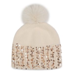 Glam Glitter Cuff Winter Pompom Hat in Beige