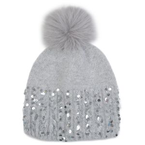 Glam Glitter Cuff Winter Pompom Hat in Silver