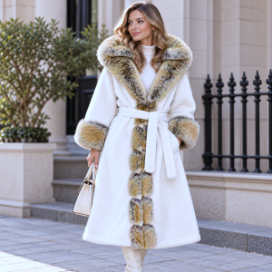 Luxury Cream Faux Fur Hooded Long Coat with Contrast Fur Trim & Belt