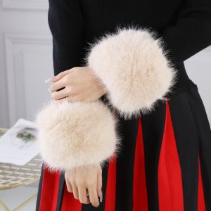 Elegant Plain Faux Fur Wrist Cuffs in Cream