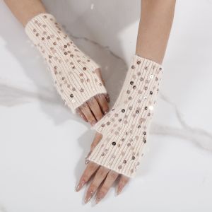 Sequin Fingerless Winter Gloves in Beige SD121