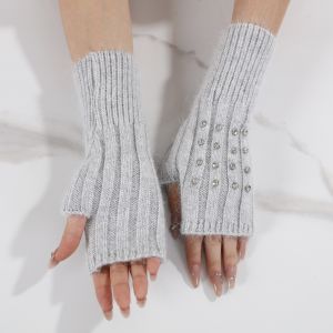 Silver Soft Knitted Fingerless Gloves with Crystal