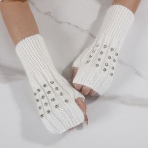 Ivory Soft Knitted Fingerless Gloves with Crystals
