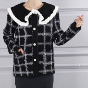 Fuzzy Plaid Cardigan with Ruffle Collar