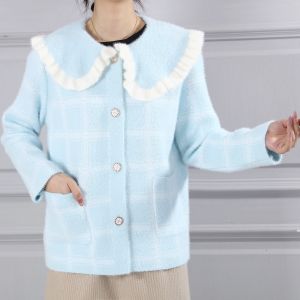 Fuzzy Plaid Cardigan with Ruffle Collar