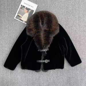 Black Faux Fur Coat with Oversized Fur Collar & Buckle Detail