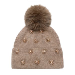 Rhinestone Floral Details Faux Fur Pom Pom Hat