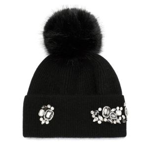 Crystal Embellished Knitted Hat with Faux Fur Bobble
