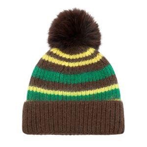 Colour Mix Stripe Knit Hat with Faux Fur Pom Pom