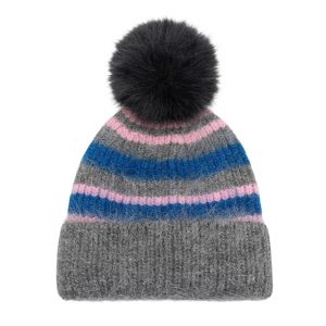 Colour Mix Stripe Knit Hat with Faux Fur Pom Pom