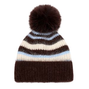 Colour Mix Stripe Knit Hat with Faux Fur Pom Pom