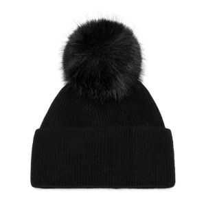 Soft Knitted Winter Plain Hat with Faux Fur Pom Pom