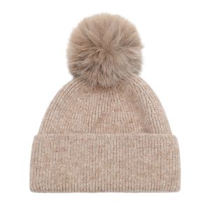 Soft Knitted Winter Plain Hat with Faux Fur Pom Pom