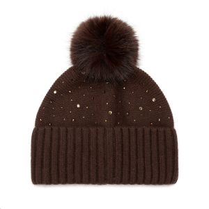 Sparkly Crystal and Beads Knit Faux Fur Pom Pom Hat