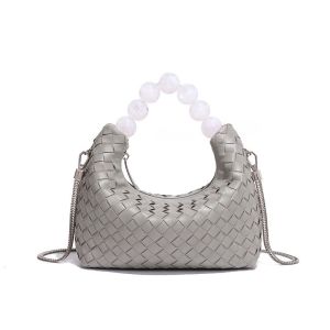 Woven Tote Bag with Beaded Handle in Grey
