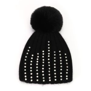 Crystals Studded Pompom Hat in Black SD118