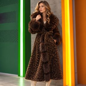 Faux Fur Hooded Chocolate Leopard Print Long Coat with Belt