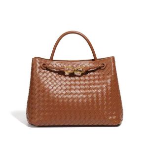 Woven Tote Bag with Gold-Tone Knot Clasp in Brown B1783