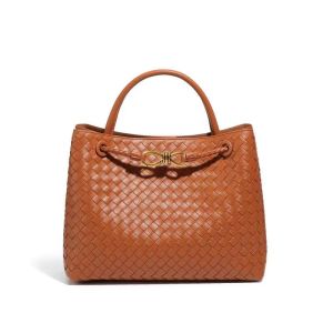 Woven Tote Bag with Gold-Tone Knot Clasp in Light Tan B1783