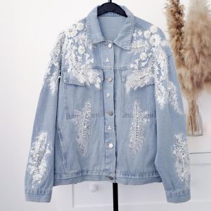 Romantic Floral & Pearl Light Blue Denim Jacket