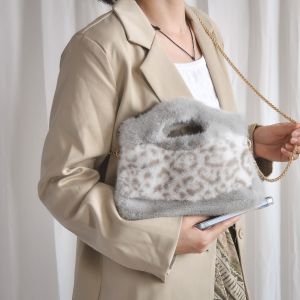 Faux Fur Animal Print Shoulder Bag with Gold Chain