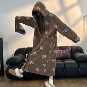 Teddy Fleece Long Hooded Dressing Gown Bow Print