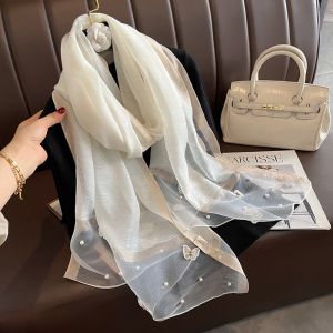 Ivory Silk Scarf with Butterflies & Pearls Details