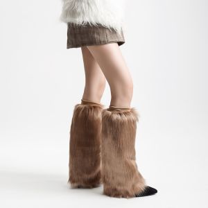 Brown Sleek Plain Faux Fur Plain Faux Leg Warmers