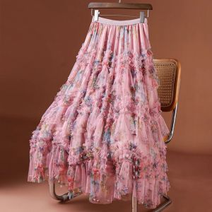 Floral Tiered Tulle Maxi Skirt with Pearl Trim