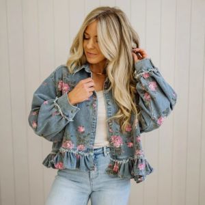 Floral Print Light Denim Jacket with Ruffle Hem & Frayed Trim