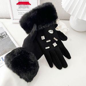 Black Faux Fur Cuff Gloves with Crystal Gem Detail