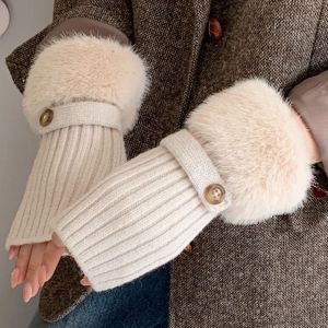 Cream Faux Fur Knit Fingerless Button Gloves