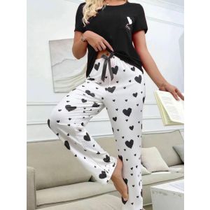 Short Sleeve Ribbed Top & Heart Pattern Pyjama Set