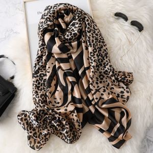 Beige & Black Leopard Print Satin Feel Scarf