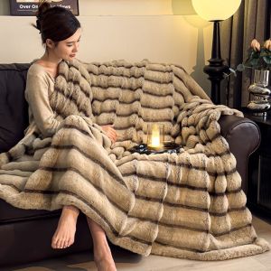 Stripped Beige Plush Faux Fur Throw Blanket