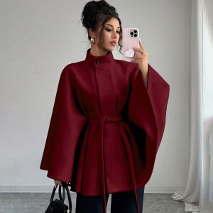 Batwing Cape Jacket with High Neck and Tie-Waist